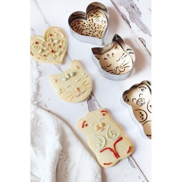 Set mit 3 Ausstechern und Prägern aus Holz - SCRAPCOOKING - Katze/Bärchen und Herz