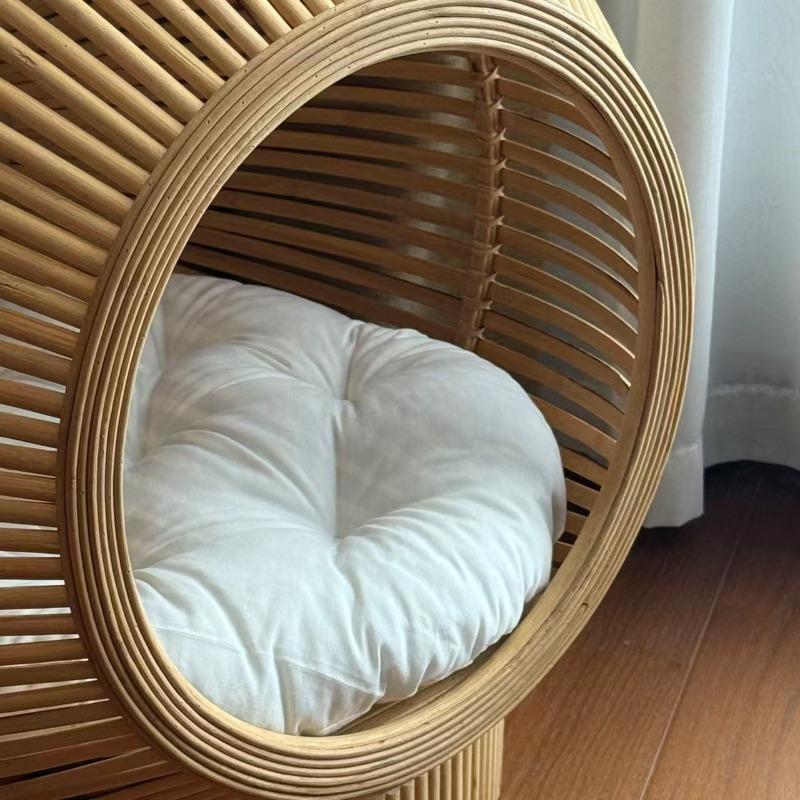 Bamboo Pet Bed for All Seasons Breathable Cooling Small Dog Cat Nest Rattan Cat House Wood Style Pet Furniture for Living Room