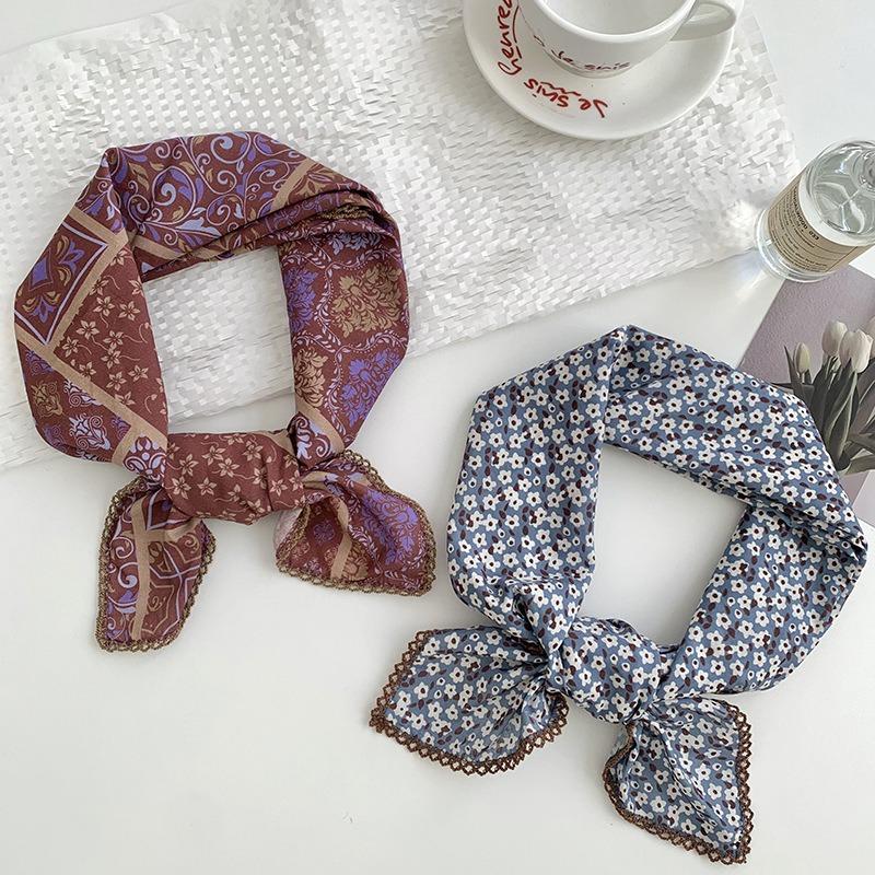 Women's silk scarves, square scarves, high-end retro flower scarves, headbands, decorative headscarves, summer women's pastoral hair accessories