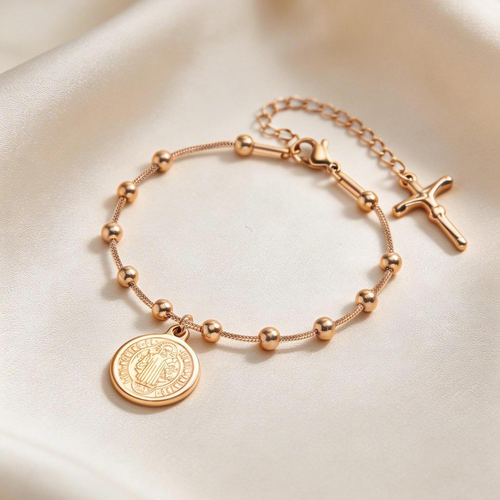 Vnox Rosegold plattiertes Edelstahl St. Benedikt Medaille Armband für Damen, Zweifarbiges Rosenkranz Kreuz Perlen Round Snake Armbänder