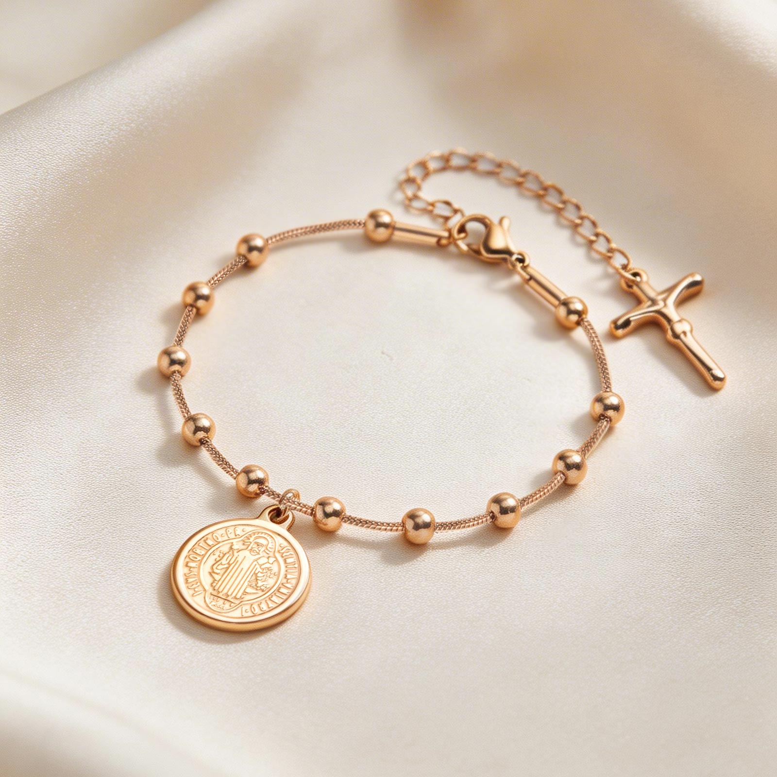 

Vnox Rose Gold Plated Stainless Steel St Benedict Medal Bracelet for Women, Two-color Rosary Cross Beaded Round Snake Bracelets
