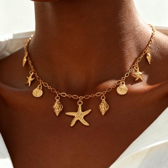 Summer Beach Necklace, Shell Conch Starfish Charms Necklace, Adjustable Coastal Style Necklace for Women Seaside Holiday Jewelry