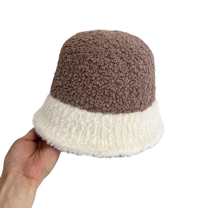 Color Matching Plush Hat Women's Autumn and Winter New Face Small Bucket Hat Cute Thickened Warm Lamb Wool Basin Hat