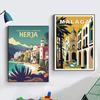Vintage cestovní plakát Město Málaga Plátna Umělecká vesnice Pláže Slunečné pobřeží Retro nástěnné umění Obrázky Nástěnná malba Domácí dekorace