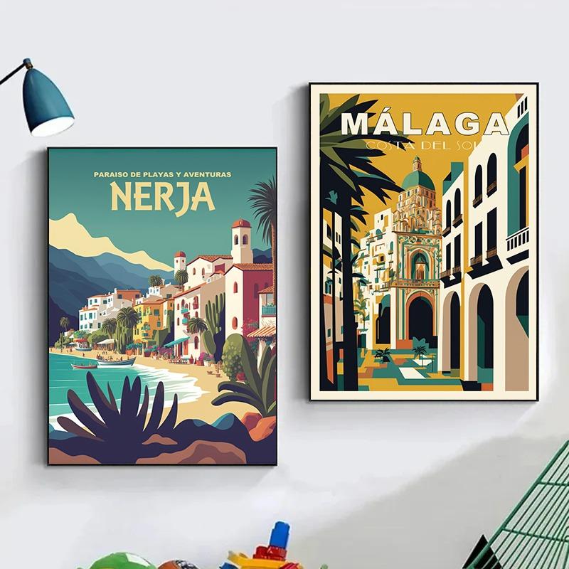 Vintage cestovní plakát Město Málaga Plátna Umělecká vesnice Pláže Slunečné pobřeží Retro nástěnné umění Obrázky Nástěnná malba Domácí dekorace