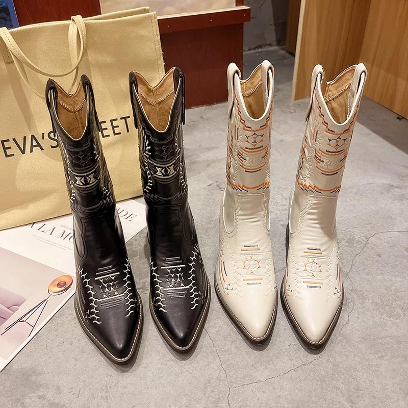 2024 British Middle Heel Pointed Boots Women Embroidery Retro Mid-calf Knight Boots Casual Western Cowboy Botas Versatile Shoes