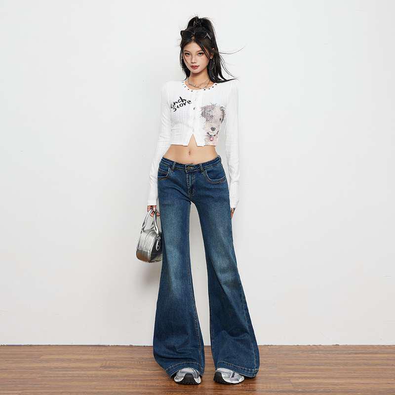 American Retro Low-Rise Stretchy Wide-Leg Floor-Length Jeans for Spicy Girl S
