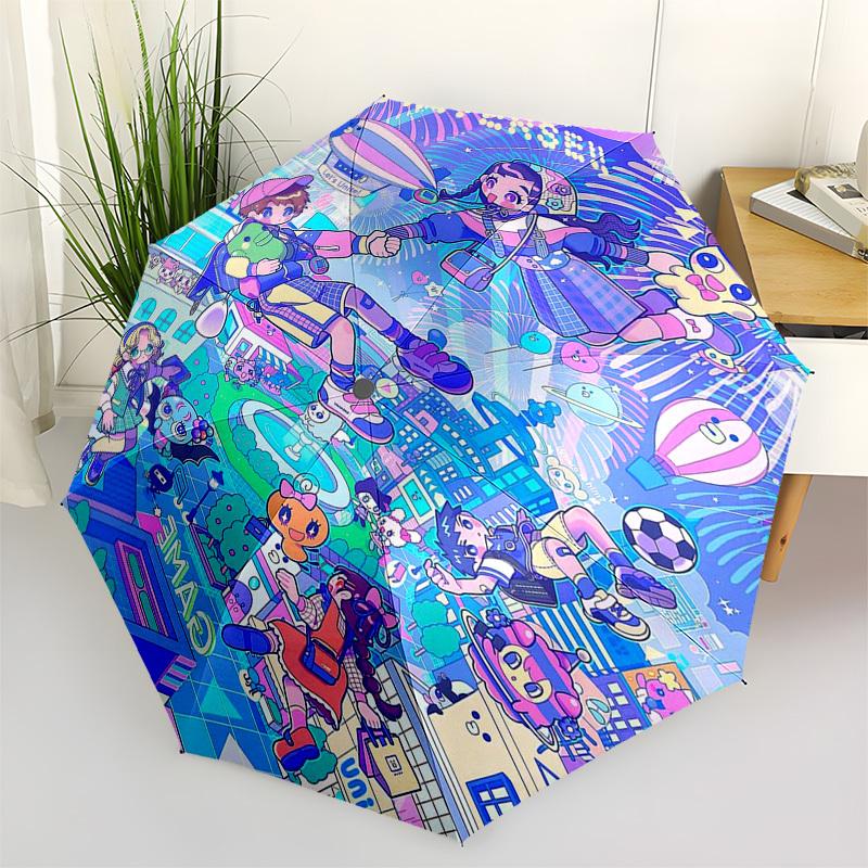 

1pc Outdoor Umbrella with Cute Characters - Automatic Opening/Closing, Portable 3-Fold Design, 8-Rib Iron Frame, Perfect for Fans, Travelers, Dai