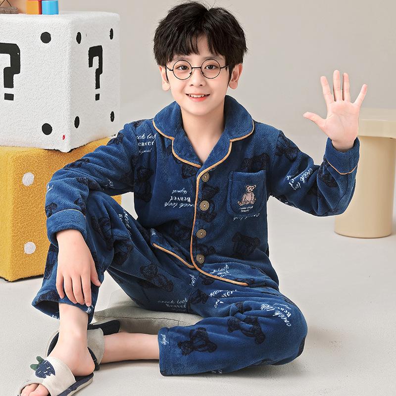 Kids Flannel Pajamas Set Boys Girls Warm Long Sleeve Top And Pants Sleepwear Winter Home Nightwear