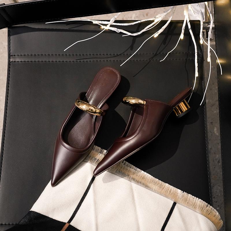 Fashion Spring/Summer Simple Pointy Muller Slippers Women's French Chunky Mid-heels Half Slippers Metal Topper Flip-flops