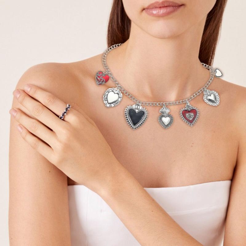 Fashionable Gothic Chunkies Chain Necklace With Flaming Heart Charm and Evil Eyes Pendant for Halloween Jewelry