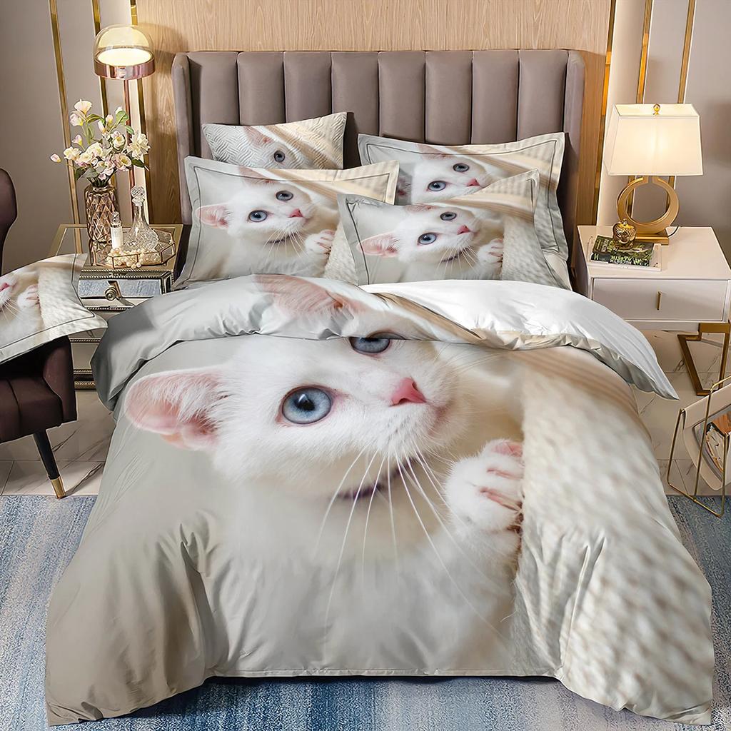 Cat Comforter Sets, Home Bedroom Décor for Kids and Adults Cute Printed Card Duvet Cover Pillowcase Gifts