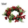 Seasonal Home Table Accent Christmas Candlestick Wreath, Red Poinsettia Pine Needle Candle Ring Decorative Base Wreath with Berries, Tabletop
