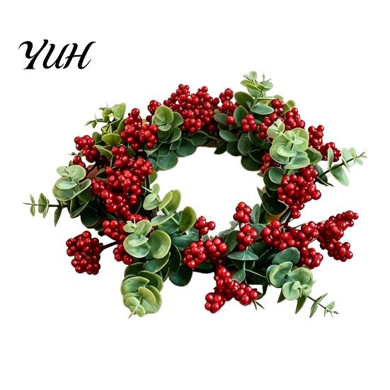 Seasonal Home Table Accent Christmas Candlestick Wreath, Red Poinsettia Pine Needle Candle Ring Decorative Base Wreath with Berries, Tabletop