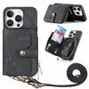For iPhone 16 Pro Case Zipper Card Holder PU Leather Phone Back Cover with Long Strap