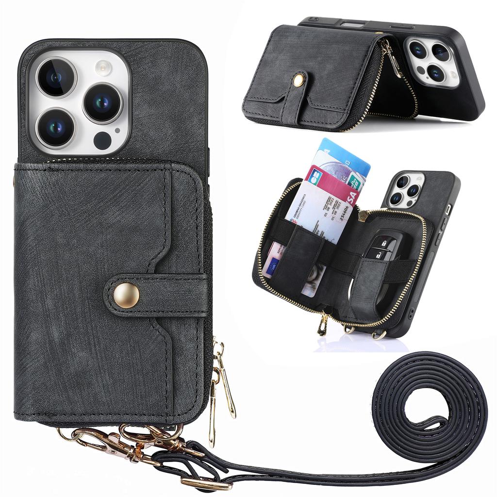 For iPhone 16 Pro Case Zipper Card Holder PU Leather Phone Back Cover with Long Strap