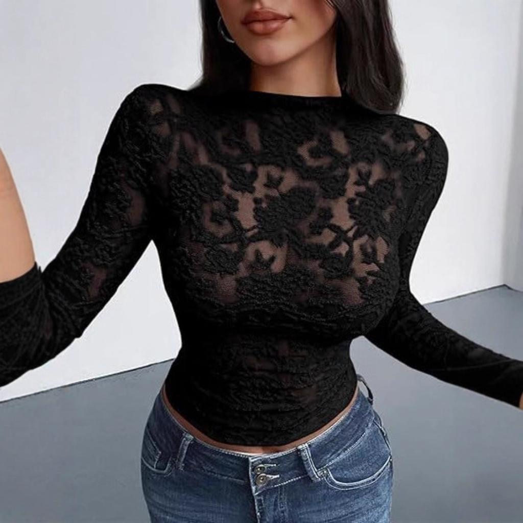 Autumn Sheer Mesh Floral Lace Blouse for Women, V-Neck Sexy Party Clubwear