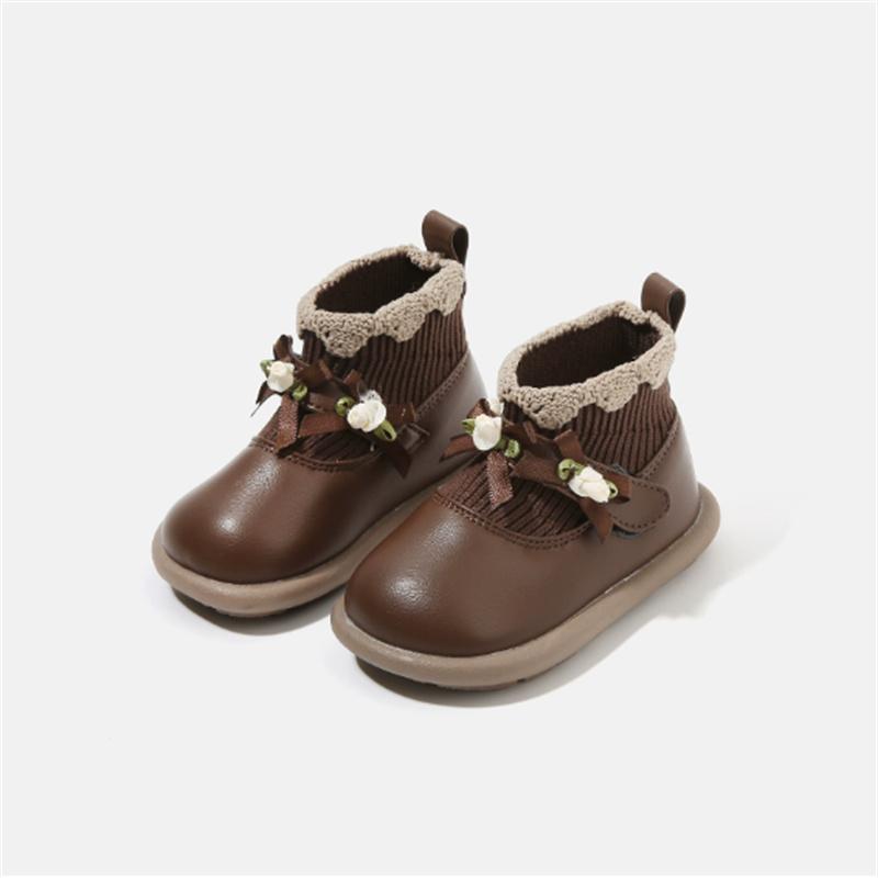 

Autumn Baby Boots For Girls Cute Flower Socks Shoes Kids Ankle Boots Toddler Baby Boots EU 15-26 27 коричневий