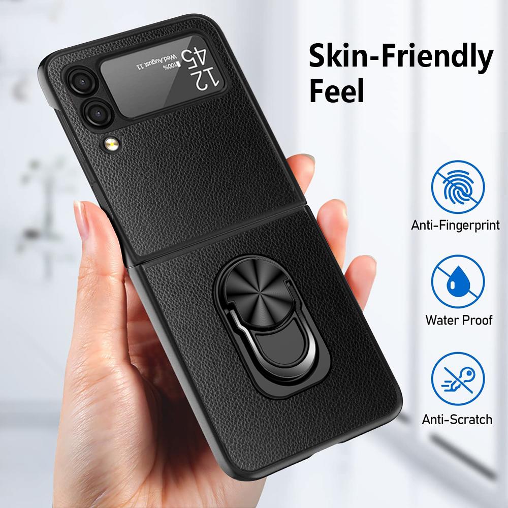 Comfortable Leather Finger Ring Case For Samsung Galaxy Z Flip 4 5g Flip4 Flip3 Flip 3 Shockproof Kickstand Cover Funda