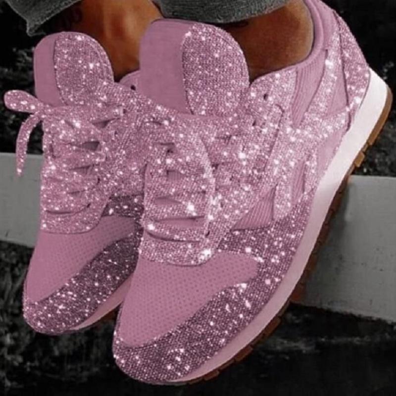 Fashion Women Flat Glitter Sneakers Casual Female Mesh Lace Up Bling Platform Comfortable Plus Size Vulcanized Shoes 2024 Soft Knitting
