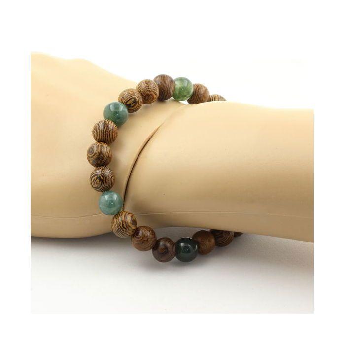 Stones and Minerals. Moss Agate + Wood Bead Bracelet 8 Mm. Made In France.