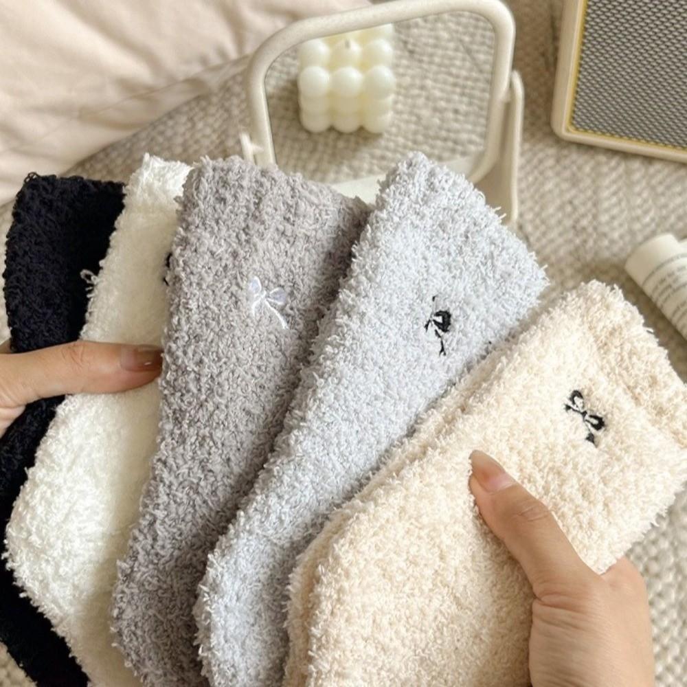 Bowknot Floor Socks Fleece Thickened Carpet Home Socks Autumn Winter Furry Plush Socks Women