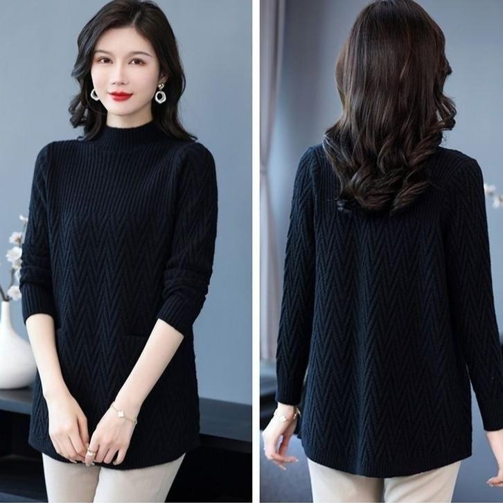 Loose Mid-length Sweater Women's Autumn and Winter Plus-size Casual Pullover Round-neck Solid-color Knitted Sweater