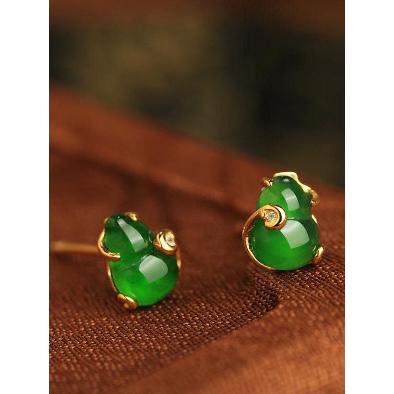 

Серьги-пусеты в виде тыквы из нефрита цвета ледяного зеленого, в национальном стиле, женские, элегантные, новые, игла из стерлингового серебра S925, изысканные маленькие серьги Xiangyun gourd]