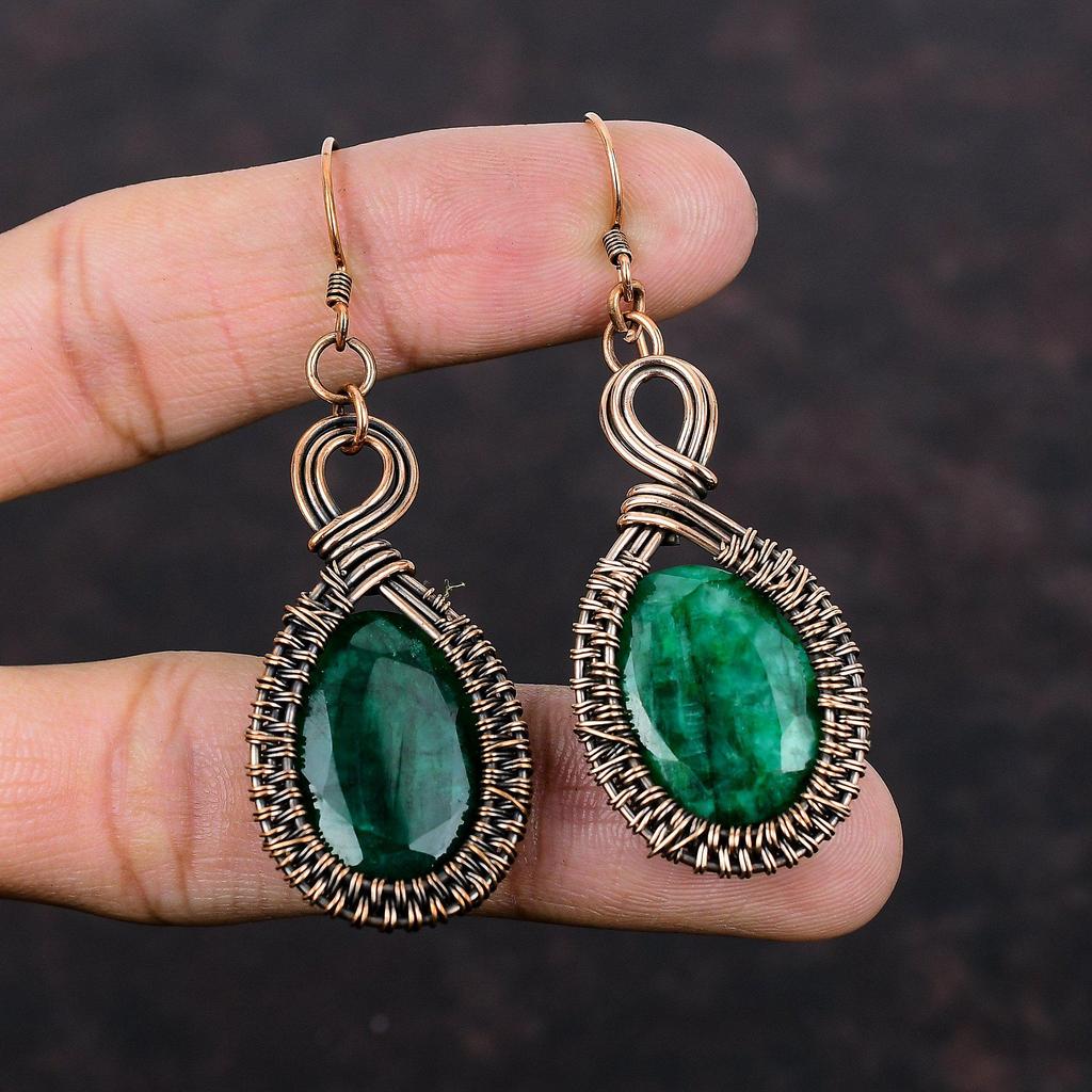 Faceted Zambian Emerald Earring Copper Wire Wrapped Earrings Gemstone Handmade Earrings Unique Copper Jewelry Wedding Gift Wire Wrap Jewelry
