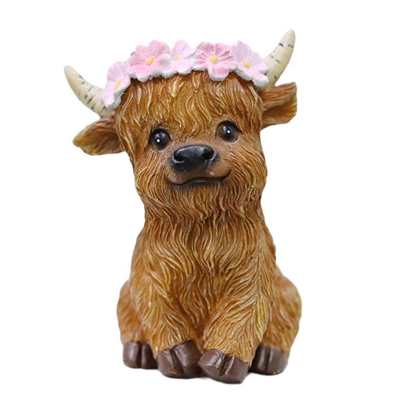 Niedlicher Hochlandrind-Kalb Harzfigur mit detaillierter Schleife Miniatur Heimdeko Statue für Bauernhaus Etagen-Tablett