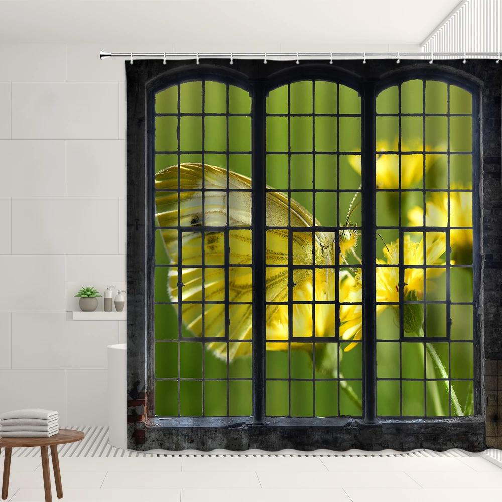 Set Tende da Doccia Finestra Retrò Foresta Autunnale Cascata Strada Vintage Fiore Pianta Architettura Moderna Paesaggio Schermi per Bagno