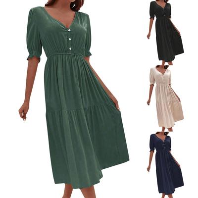 Modisches, einfarbiges, kurzärmliges Kleid mit tailliertem V-Ausschnitt und Knopfleiste für Damen