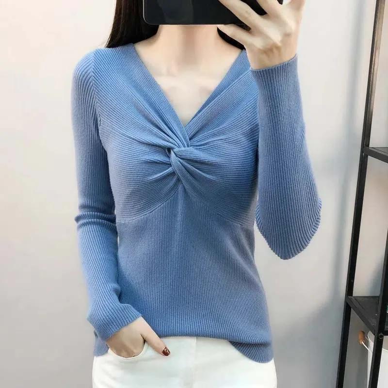 Pullover mit V-Ausschnitt für Damen, schmale Passform, kurzes Oberteil, Pull-Pullover, Strickpullover, solide Langarm-Damen, Frühling und Herbst