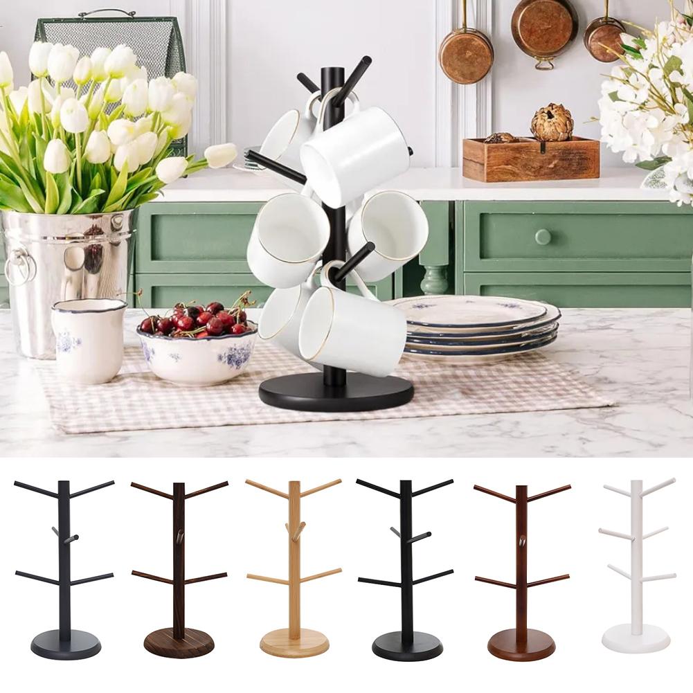Bamboo Mug Tree with Thick Base Bamboo Mug Tree Stand Space-Saving Cup Holder with 6 Hooks,Countertop Coffee Cup Mugs Stand Rack