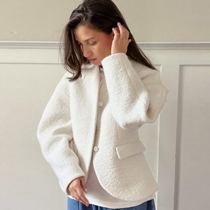 Womens Thick Wool Blend Coat V-Neck Solid Color Elegant Casual Jacket