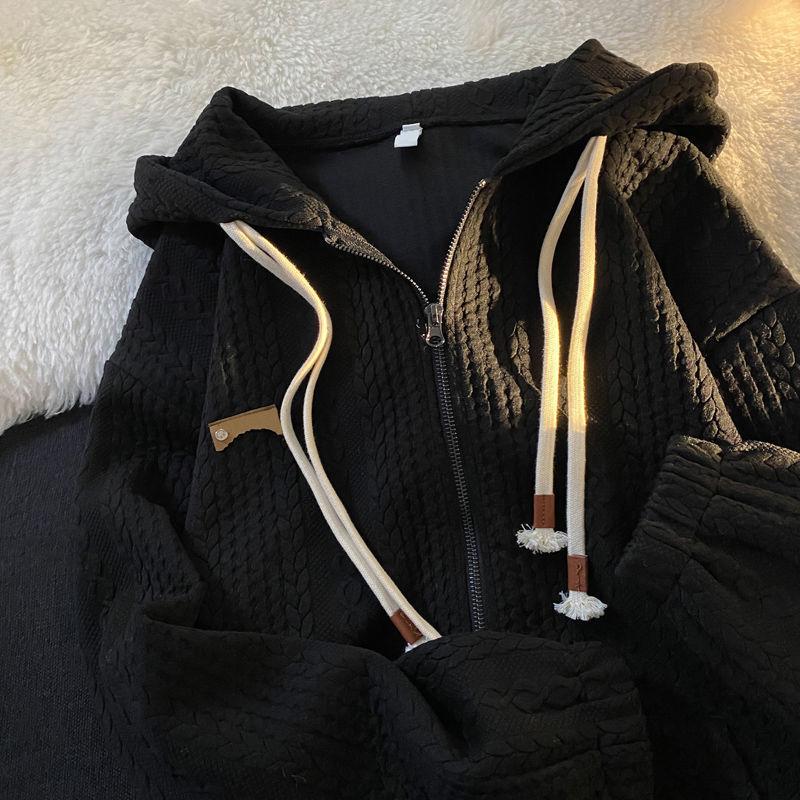 Damen Casual Kapuzensweatshirt - Weißer strukturierter Pullover mit verstellbarer Kapuze mit Kordelzug, Reißverschluss vorne und -ähnlichen Aufnähern, Sweater-Hoodie
