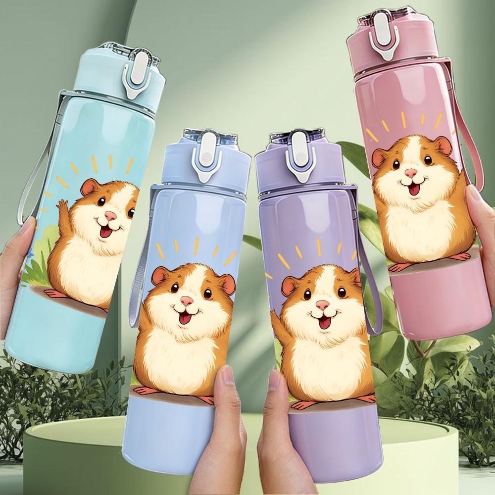 1PC Smiling Hamster Cartoon 750ml Color Plastic Sports Water Bottle Leakproof Flip Straw Lid Suitable for Sports Office Home Use