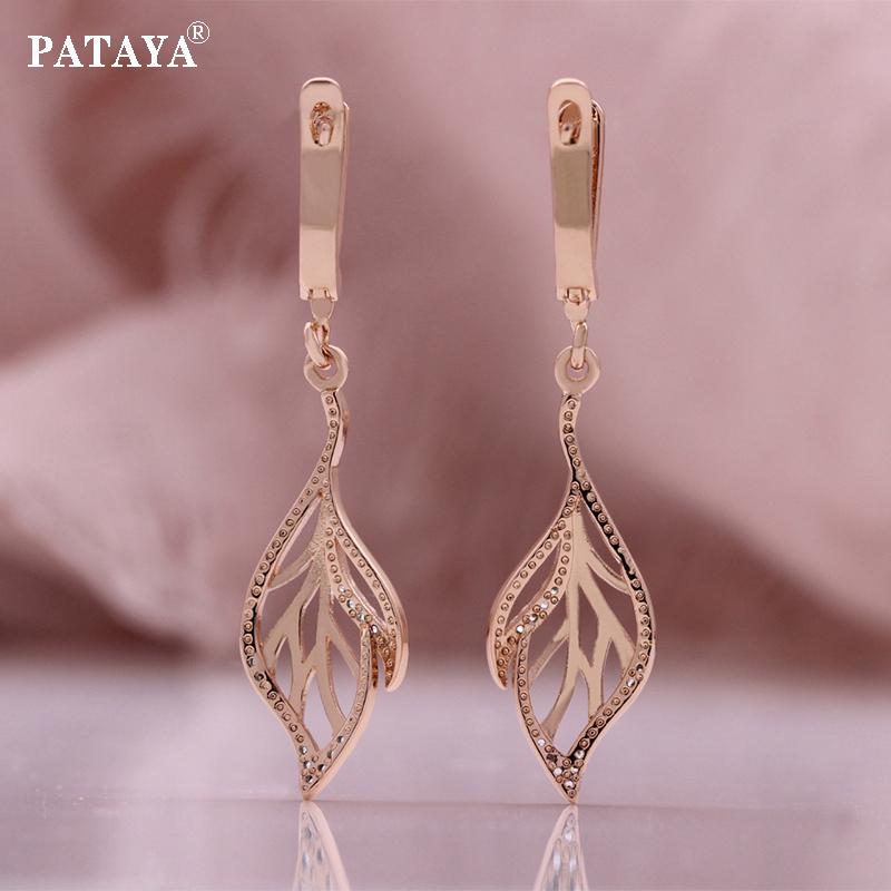 PATAYA Rose Gold Farbe Und Weiß Beschichtung Künstliche Zirkon Blatt Form Süße Ohrring