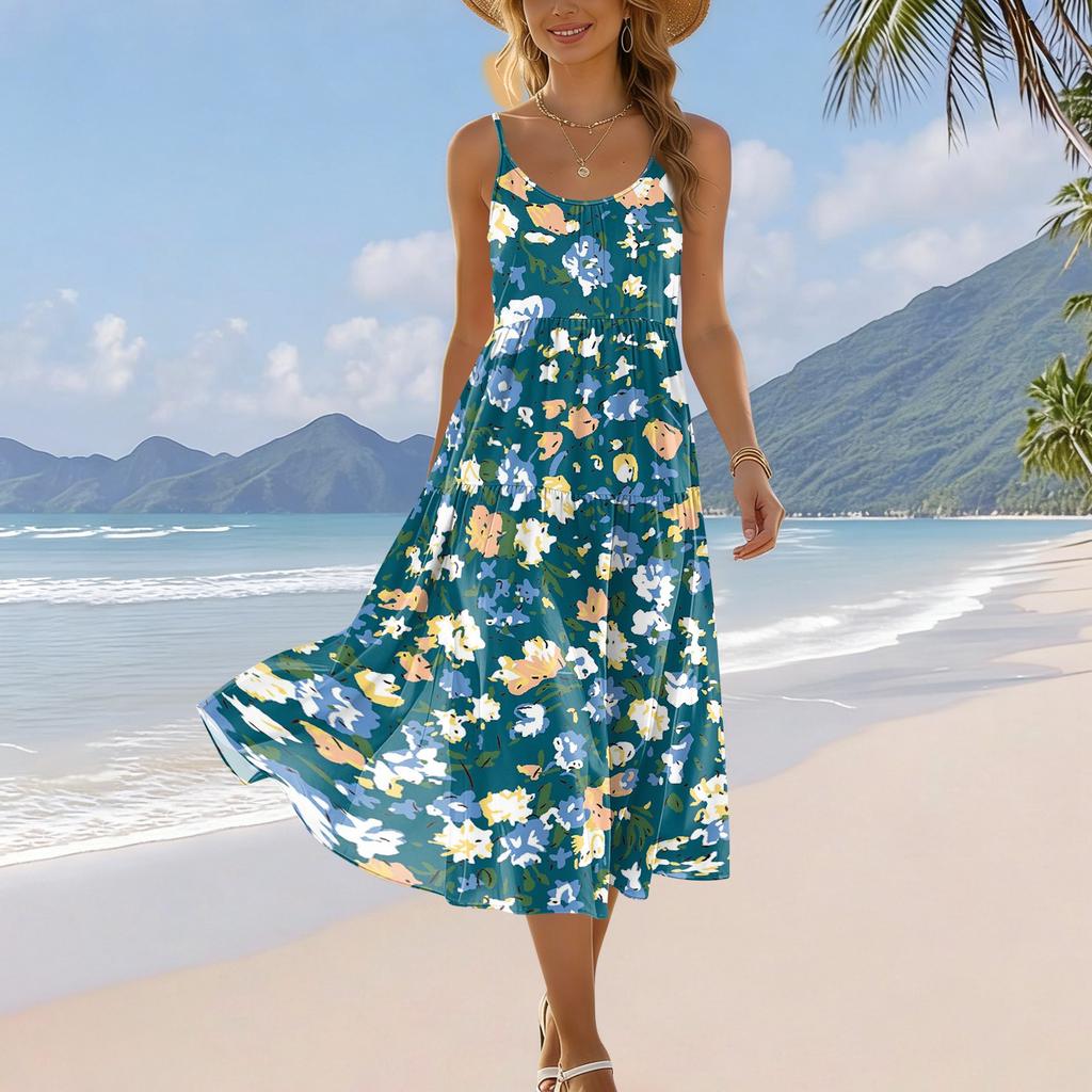 Women’s Summer Floral Print Pocket Adjustable Strap Bohemian Casual Beach Holiday Sundress Loose Fit Sleeveless Dress