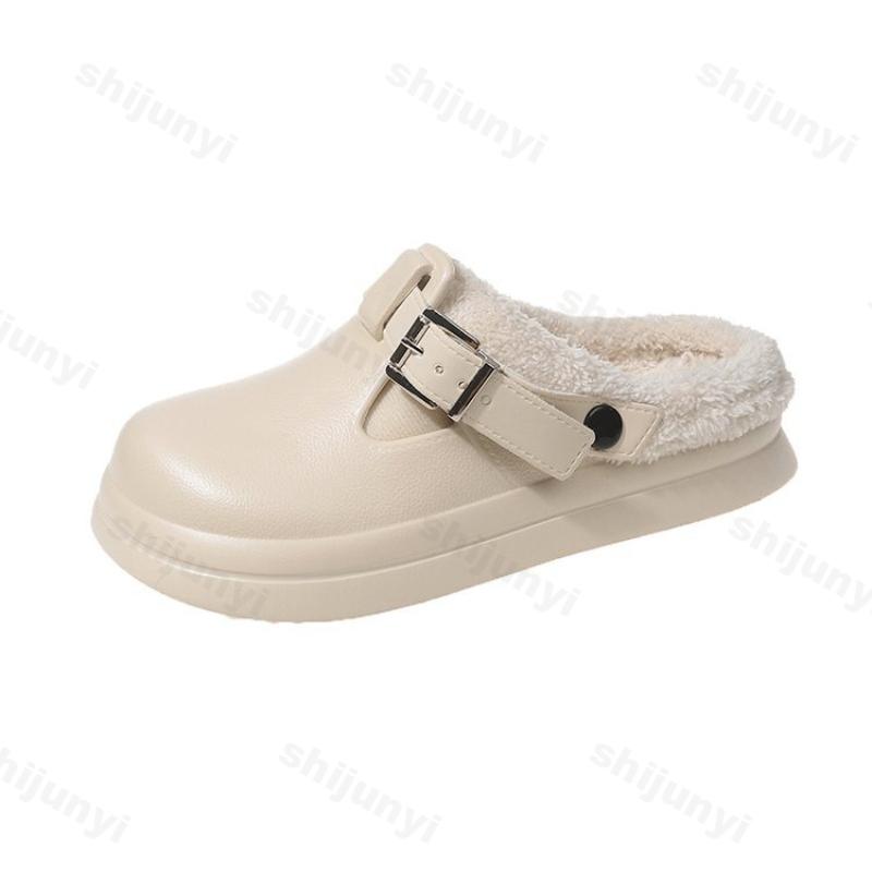 Fashion Autumn Winter Women Cotton Slippers Waterproof Non Slip Warm Indoor Home Shoes Fashion Buckle Strap Thicken Outdoor Plush Shoes