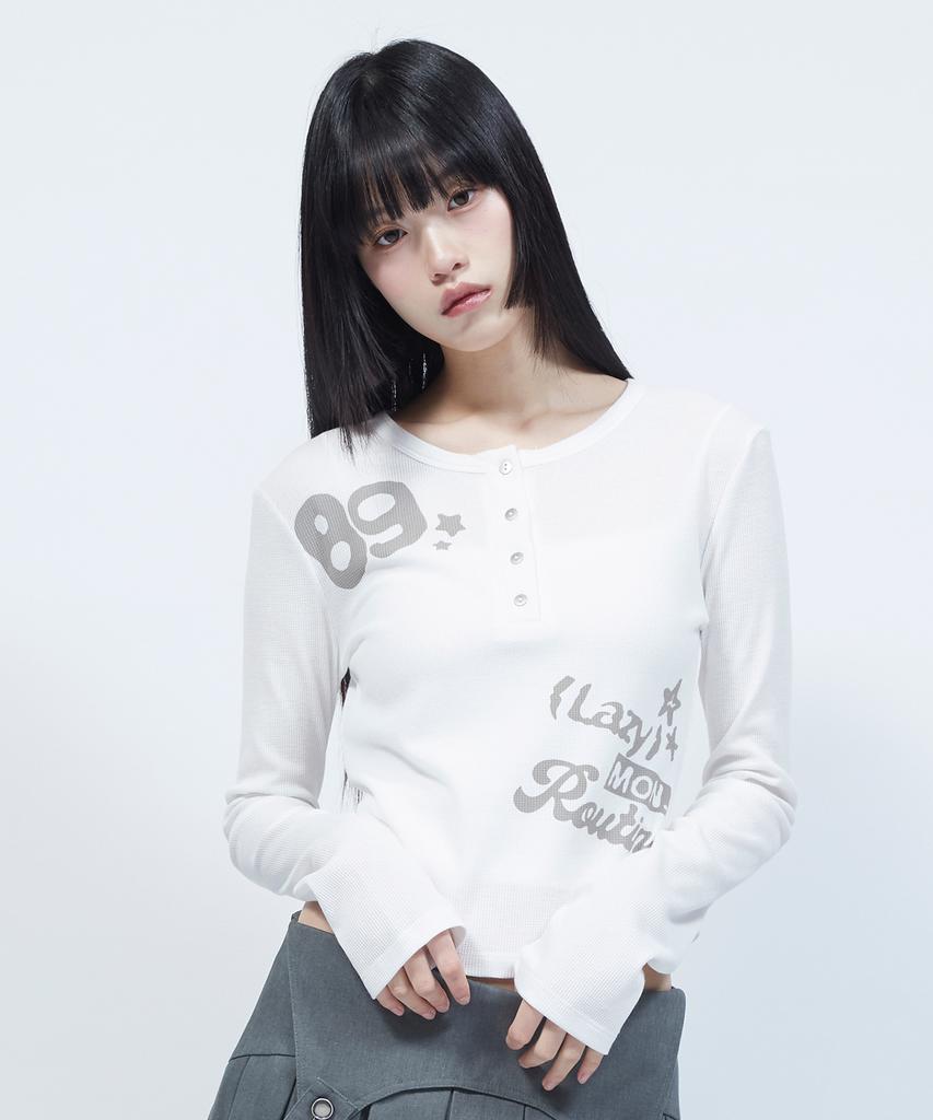 LMR Lettering Graphic Waffle Henley Neck Long Sleeve T-Shirt Ivory