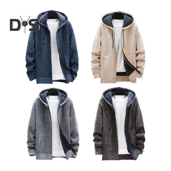 Winter Men Jacket Thickened Fleece Hooded Drawstring Zip-up Long Sleeves Sweater Coat Pockets Elastic Cuff Retro Knitted Daily Wear Outerwear Jacket