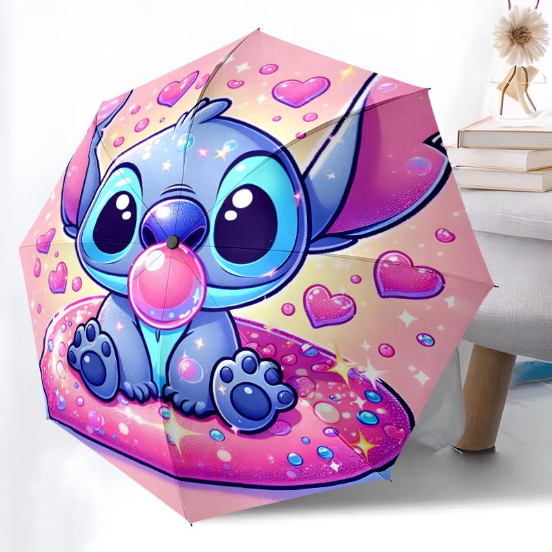 1pc Sturdy 8-Bone Auto Umbrella, Girl With Stitch Floral Pastel Umbrella, Digital Printed, Foldable Umbrella for On-the-Go Outdoor Use