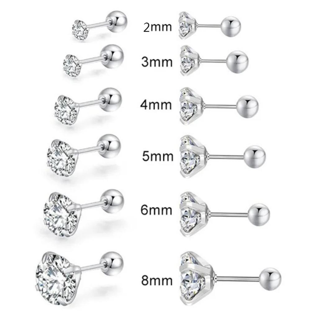 2/6/12pcs 20G Inlaid Cubic Zirconia Stud Earrings,Stainless Steel Screw Back Barbell Studs Daith Tragus Cartilage Earrings