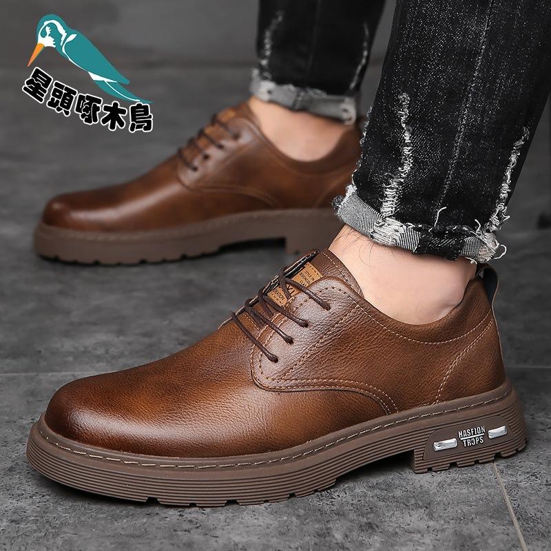 Men's Big Head Leather Shoes 2025 British Style Retro Platform Low-top Tooling Shoes Youth Korean Leather Shoes