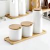 Ceramic Jars with Lid Home Suger Jar Kitchen Storage Container Spice Organizer Rack Seasoning Box Suit Lecythus Wooden Pallets