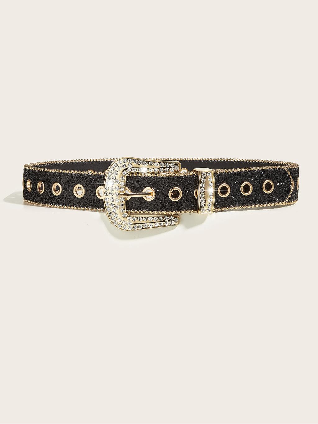 

Chic Pu Leather Belt With Sparkling Gold Drill Buckle чорний