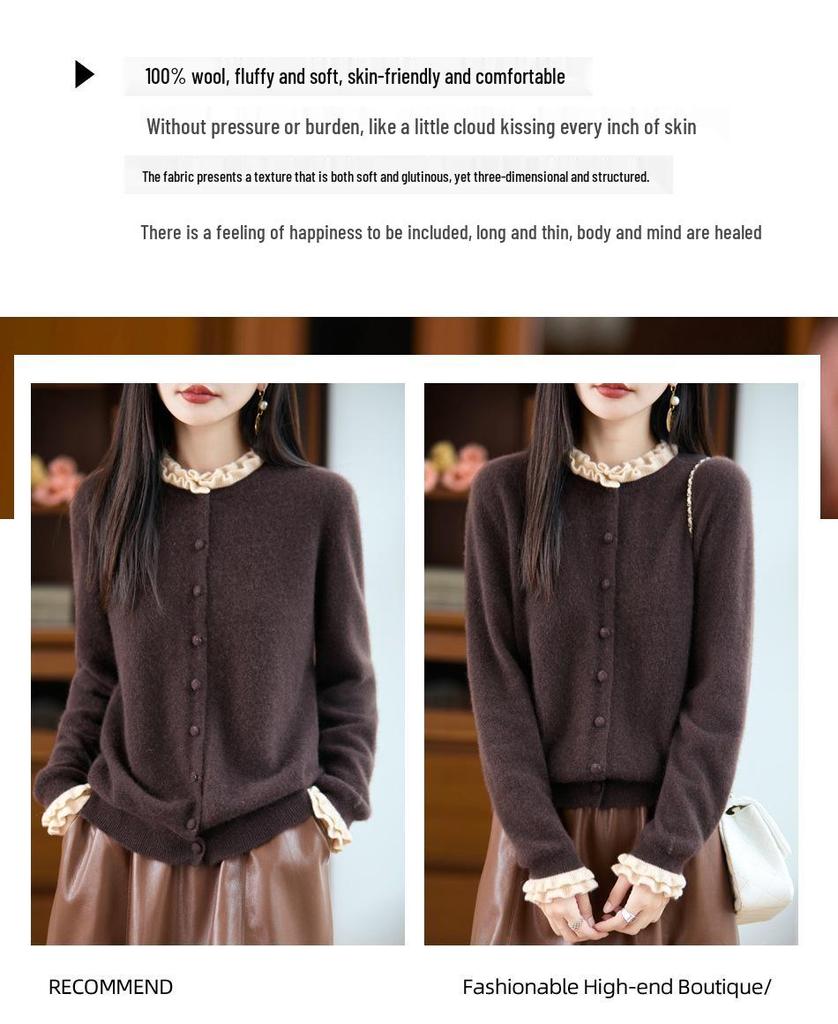 Women's Stylish Color Block Lace Knit Cardigan Sweater with Wood Ear Details and Button Closure for Fall and Winter