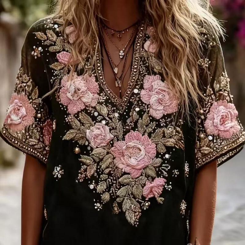 Women's 3D Print Drop Shoulder Jacquard Top - Summer Casual Loose Fit Short Sleeve