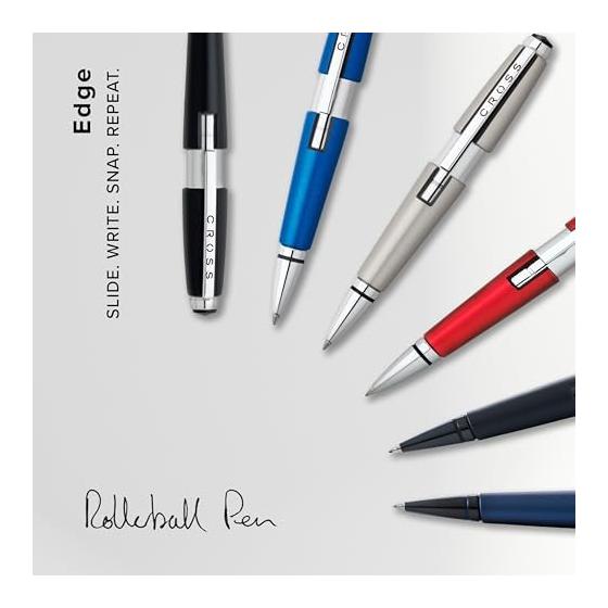 Cross Edge AT0555-7 Refillable Rollerball Pen, Red, Medium Point, Chrome, Slide-Open Type, with Premium Gift Box